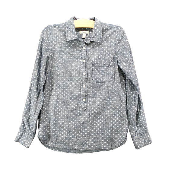 J. Crew Women's Chambray Popover Shirt Blue 00 Long Sleeve Circle Print Cotton - Picture 1 of 13